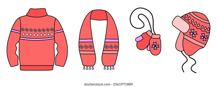 Set of cozy warm winter clothes: hat, mittens, knitted sweater and scarf. Vector illustration on white background.