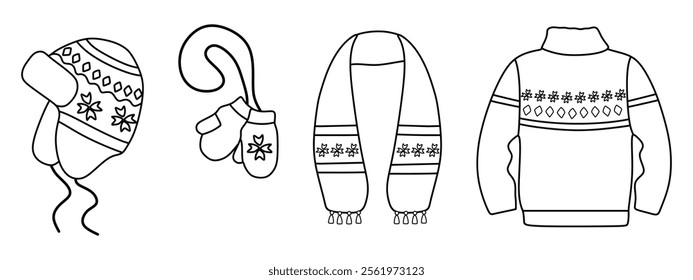 Set of cozy warm winter clothes: hat, mittens, knitted sweater and scarf. Vector illustration on white background.