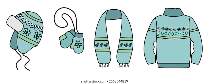 Set of cozy warm winter clothes: hat, mittens, knitted sweater and scarf. Vector illustration on white background.