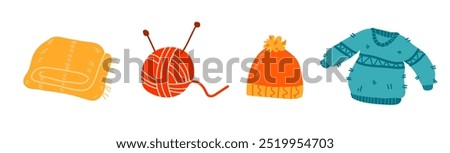 Set of cozy winter and autumn knitted clothes: woolen hat, scarf, stole, ball of woolen threads. Cute scrapbook stickers collection of fall season elements.