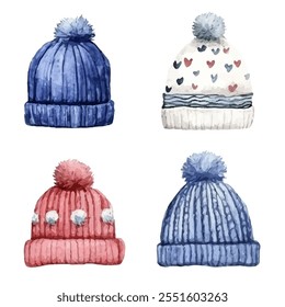 Definir acolhedor inverno beanies em várias cores e padrões, cada um adornado com um pom-pom fofo. Perfeito para projetos sazonais, inspiração de moda ou projetos temáticos de férias.