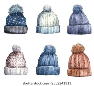 Definir acolhedor inverno beanies em várias cores e padrões, cada um adornado com um pom-pom fofo. Perfeito para projetos sazonais, inspiração de moda ou projetos temáticos de férias.