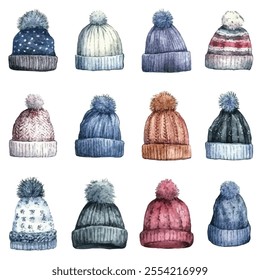 Set cozy winter beanies in various colors and patterns, each adorned with a fluffy pom-pom. Perfect for seasonal designs, fashion inspiration, or holiday-themed projects.