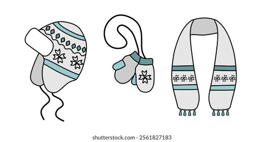 Set of cozy winter clothes set: hat, mittens and scarf. Vector outline illustration isolated on white background.