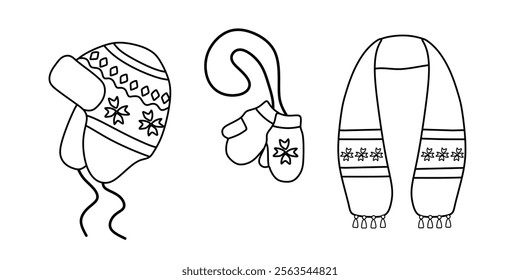 Set of cozy winter clothes set: hat, mittens and scarf. Vector outline illustration isolated on white background.