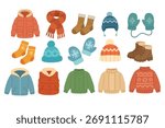 Set of cozy winter clothes in soft flat style, sweaters, mittens, socks, hats, and boots.
