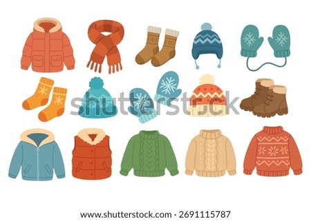 Set of cozy winter clothes in soft flat style, sweaters, mittens, socks, hats, and boots.