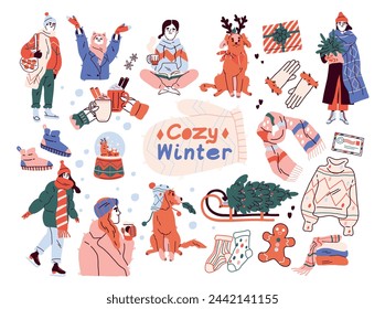 Set of cozy winter elements. Colorful stickers with warm sweater and scarf, Christmas tree, hot drink and gifts. Fun winter activities. Cartoon flat vector collection isolated on white background