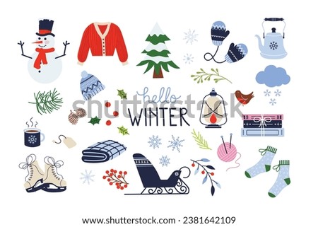 Set with cozy winter elements. Snowman, knitted sweater, socks, blanket, teas et, winter text, snowflakes, pine tree, sledge, ice skates, botanical elements, wool... Vector illustration.