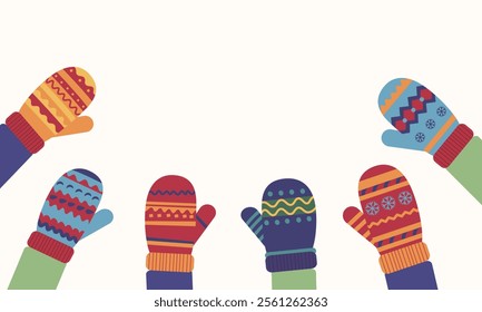 Set cozy winter gloves. Cute mittens. Winter clothes.