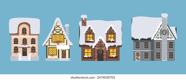 Set of cozy winter houses in cartoon style.Vector illustration of houses with snowy roofs, windows with and without lights, Christmas wreaths, garland of gingerbread men on doors and windows, chimney.