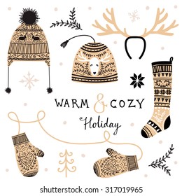 Set of cozy winter knitwear. Warm and cozy holiday.