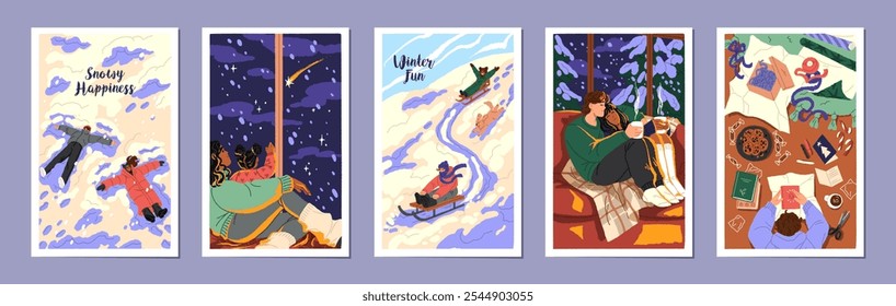 Set of cozy winter postcard. Cards design with happy people and kids spend time together at Xmas. Families, friends, couples have fun outdoors and indoors at Christmas. Flat vector illustrations.