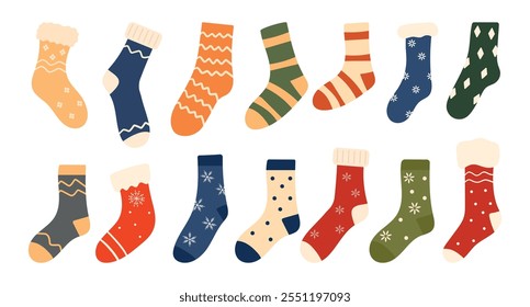 Set of cozy winter socks, winter footwear with various holiday patterns. Collection of knitted wool and cotton socks with snowflakes and geometric patterns isolated on a white background. Flat, vector