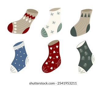 A set of cozy winter socks with winter patterns including snowflakes, hearts, trees and rhombus, hearts. Decorative elements for New Year or Christmas