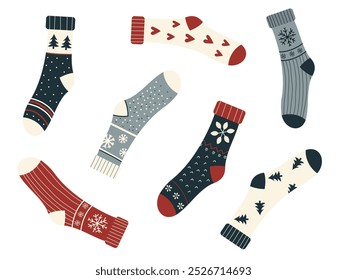 Set of cozy winter socks with playful patterns, including snowflakes, hearts, trees, and stripes. These festive socks are arranged in a fun, scattered layout, showcasing a cute and minimal flat style.