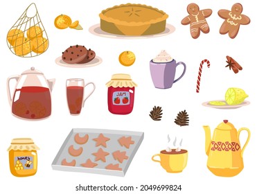 Set of cozy winter time attributes. Drawings of homemade foods, bakery, hot beverages. Hand drawn vector illustrations. Cartoon cliparts collection isolated on white. Elements for design, print, decor