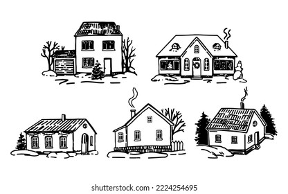 Set of cozy winter time houses. Doodles of snow-covered country houses. Hand drawn vector illustrations. Outline clip arts collection isolated on white.
