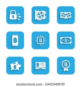 Set CPU mining farm, Mining bitcoin from laptop, Bitcoin, Cryptocurrency, Piggy bank, mobile, Video graphic card and Lock with icon. Vector