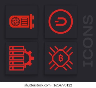 Set CPU mining farm, Mining farm, Cryptocurrency coin Dash and Server and gear icon. Vector