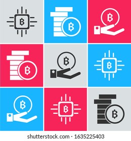Set CPU mining farm, Cryptocurrency coin Bitcoin and Hand holding Bitcoin icon. Vector