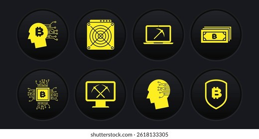 Set CPU mining farm, Cryptocurrency bitcoin, Mining with monitor and pickaxe, Brain as digital circuit board, laptop and ASIC Miner icon. Vector