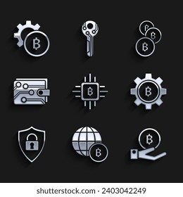 Set CPU mining farm, Globe and cryptocurrency coin Bitcoin, Hand holding, Cryptocurrency, Shield security with lock, wallet,  and  icon. Vector