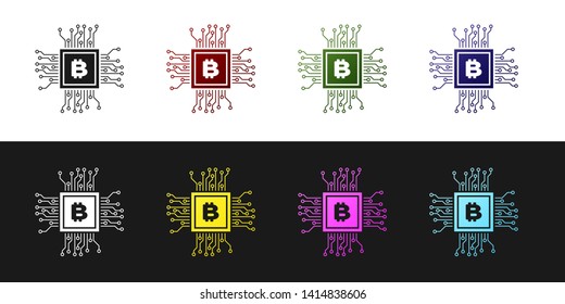 Set CPU mining farm icon isolated on black and white background. Bitcoin sign inside processor. Cryptocurrency mining community. Digital money. Vector Illustration