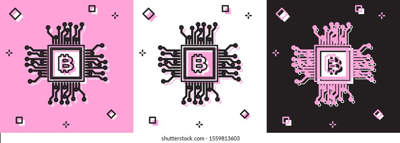 Set CPU mining farm icon isolated on pink and white, black background. Bitcoin sign inside processor. Cryptocurrency mining community. Digital money.  Vector Illustration