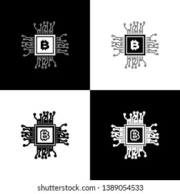 Set CPU mining farm icons on black and white background. Bitcoin sign inside processor. Cryptocurrency mining community. Digital money. Line, outline and linear icon. Vector Illustration