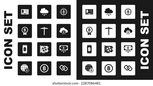 Set CPU mining farm, Pickaxe, Bitcoin, Mining bitcoin from laptop, Cryptocurrency cloud, with circuit and mobile icon. Vector