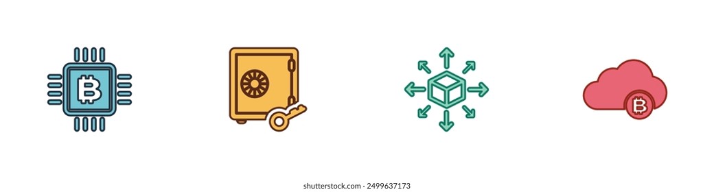 Set CPU mining farm, Proof of stake, Distribution and Cryptocurrency cloud icon. Vector