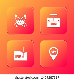 Set Crab, Case container for wobbler, Fishing hook with fish and Location fishing icon. Vector