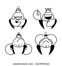 Set von Krabbenfiguren mit unterschiedlichen Emotionen. Firmenzeichen für die Produktpräsentation. Ingredienz für das kulinarische Menü. Meeresfrüchte-Delikatesse. Flachbildgrafik-Illustration