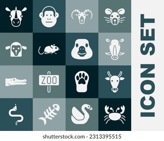 Set Crab, Cow head, Wild boar, Head of goat or ram, Rat, Sheep, Rhinoceros and Goose bird icon. Vector