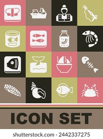 Conjunto Cangrejo, Esqueleto de pescado, Camarón, Pescador, Pescado enlatado, Tabla de cortar sushi e icono de tarro de pepino de mar. Vector