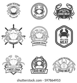 Set of crab meat labels. Fresh seafood. Design elements for logo, label, emblem, sign. Vector illustration.