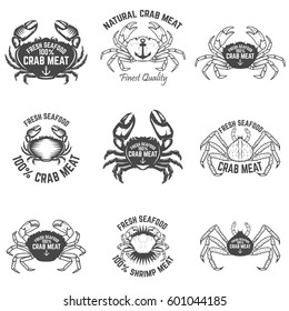 Set of crab meat labels. Fresh seafood. Design elements for logo, label, emblem, sign. Vector illustration.