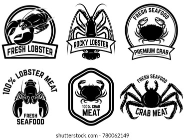 Set of crab meat, lobster meat label. Design element for logo, emblem, sign, poster, banner. Vector illustration