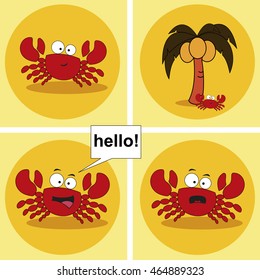 Set. Crab. Palma. Coconuts. Vector illustration.