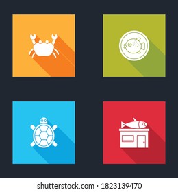 Set Crab, Puffer fish on plate, Turtle and Seafood store icon. Vector.