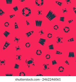 Set Crab, Rubber swimming ring, Sunscreen cream tube and Swimming trunks on seamless pattern. Vector