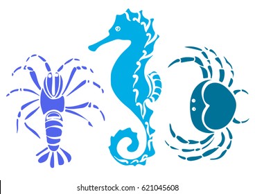 Set of crab, sea horse, cancer. Sketch style vector illustration isolated on white background. Marine collection. Underwater world. Silhouette shapes