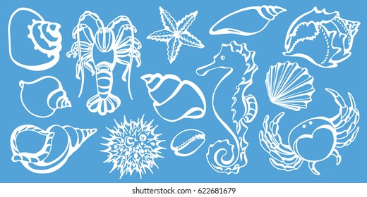 Set of crab, sea horse, cancer, seashell, sea urchin, starfish. Sketch style vector. Marine collection. Underwater world. Silhouette shapes. Doodle