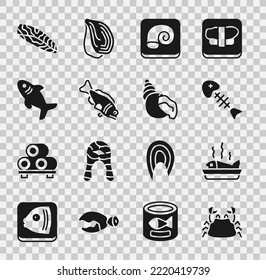 Set Crab, Served fish on plate, Fish skeleton, Octopus, Shark, steak and Scallop sea shell icon. Vector