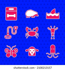 Set Crab, Sheep head, Octopus, Giraffe, Butterfly, Collar with name tag, Shark fin in ocean wave and Dog bone icon. Vector