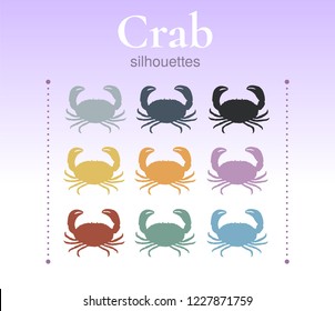 Set of crab silhouettes. Unique hand-drawn silhouettes of crab. Yellow, grey, blue, green, pink, orange, red, black. Vector. Isolated on background.