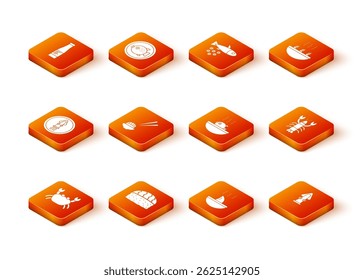 Set Crab, Sushi, Octopus on plate, Shark fin soup, Puffer fish,  and Lobster icon. Vector