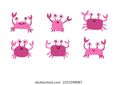 Conjunto de cangrejos de diferentes formas. Personajes planos de dibujos animados. Ilustración portadora infantil naive sobre fondo blanco. 