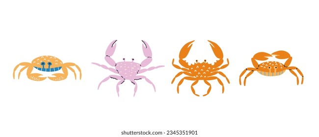 set of crabs drawn in flat style by hand. Vector illustration